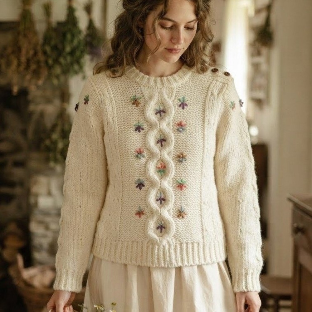 VTG Sears Sweater XS Embroidered Cable Knit Floral Cottage Feminine Twee Dainty
